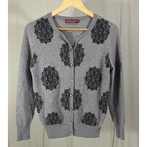 Y2K Japanese Gray Black Ornamental Design 100% Cashmere Womens Cardigan *READ*